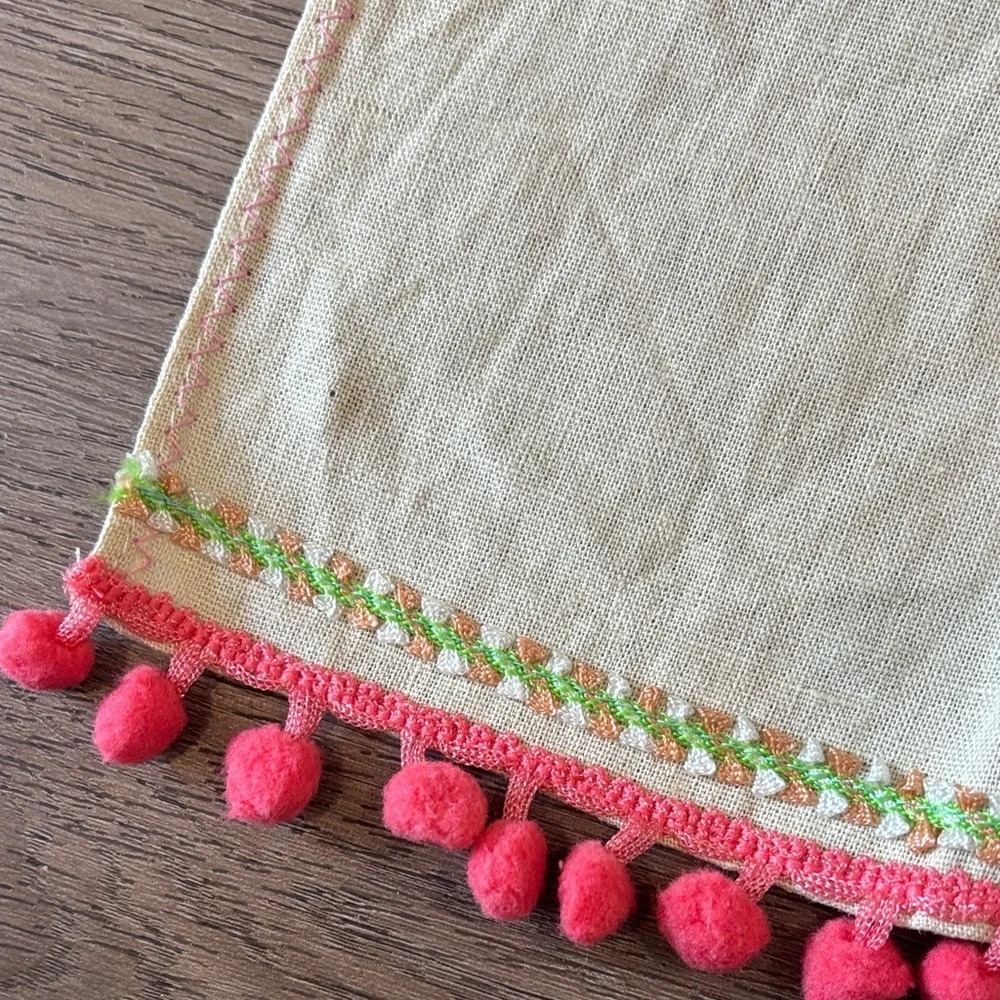 NATURAL LIFE Linen Hand Towel with Colorful Floral Embroidery and Pink Pom Trim